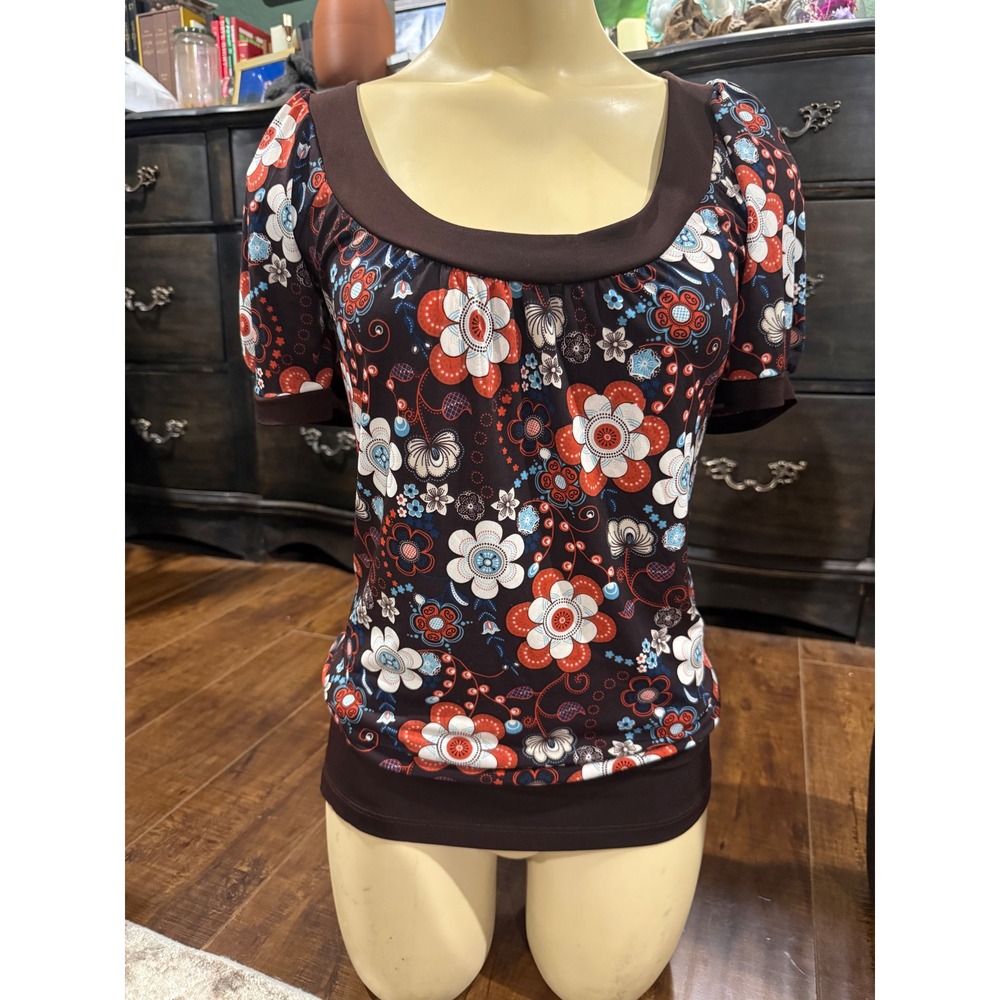 Eyeshadow Floral Scoop Neck Puff Sleeve Banded Hem Top Brown Orange Blue L